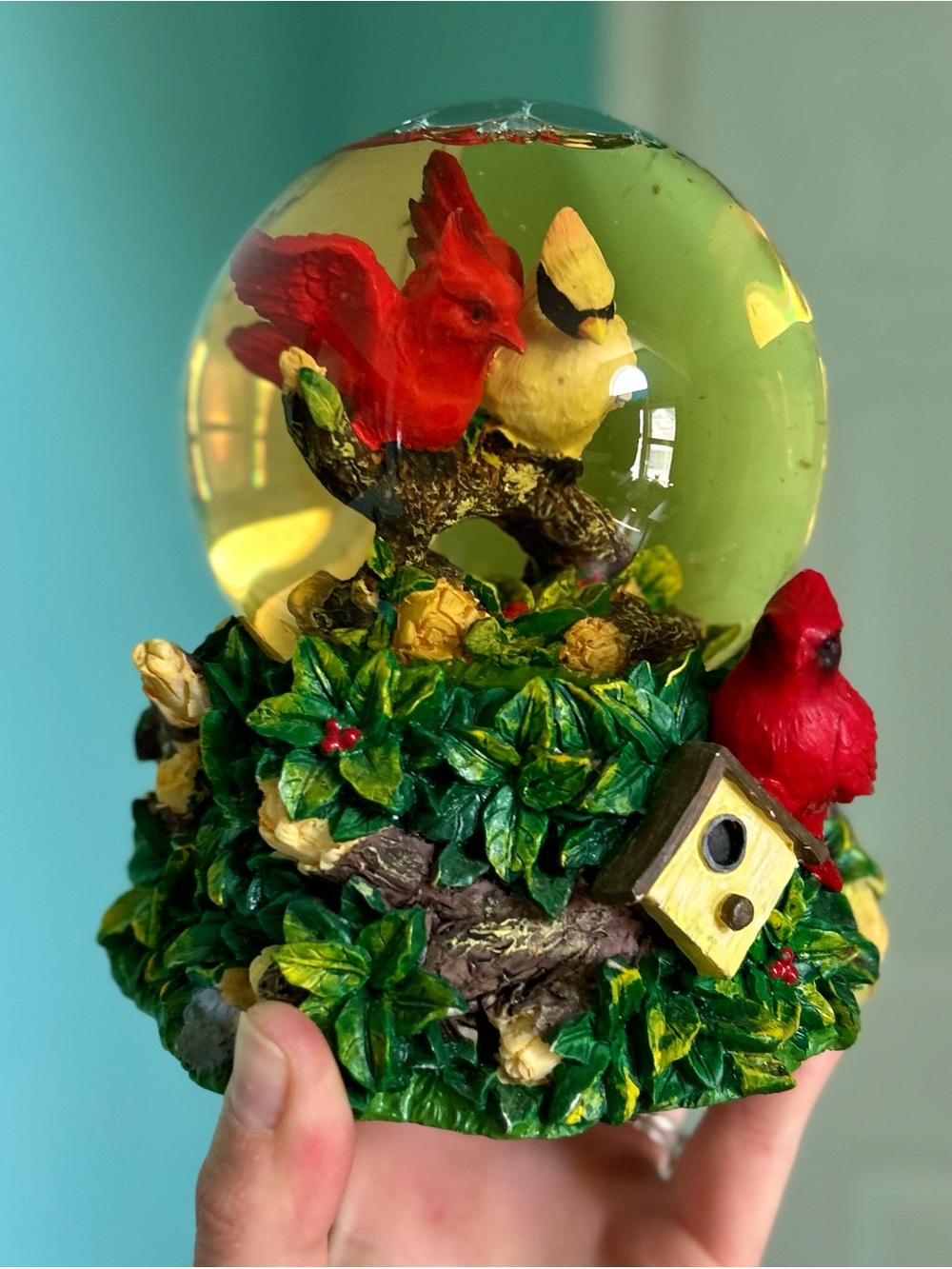 Whimsy Cardinal Birds on branch with Foliage + Birdhouse Musical Snowglobe
